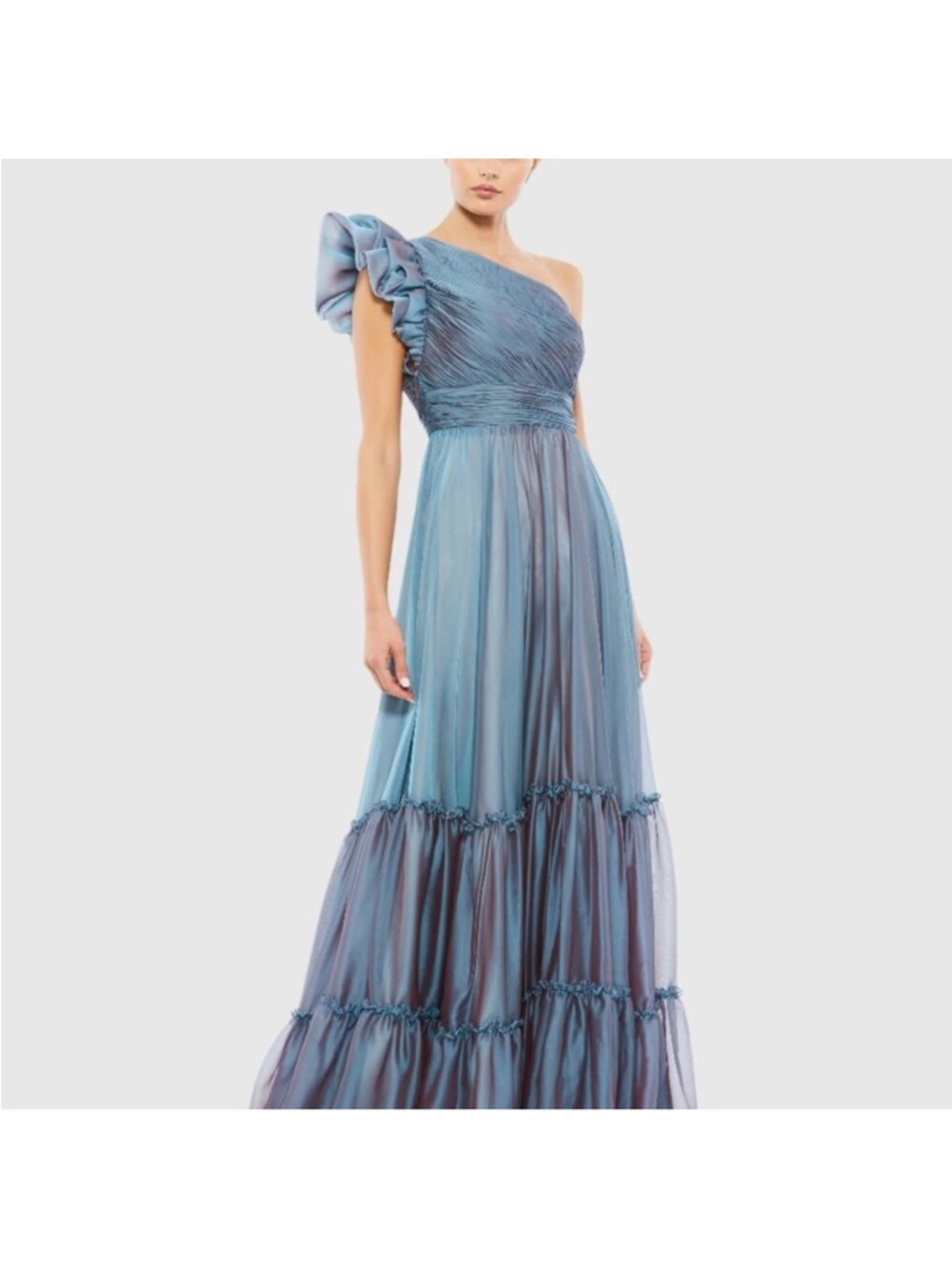 NEW | Mac Duggal 67878 One Shoulder Blue Organza Pleated Tiered Maxi Gown 0